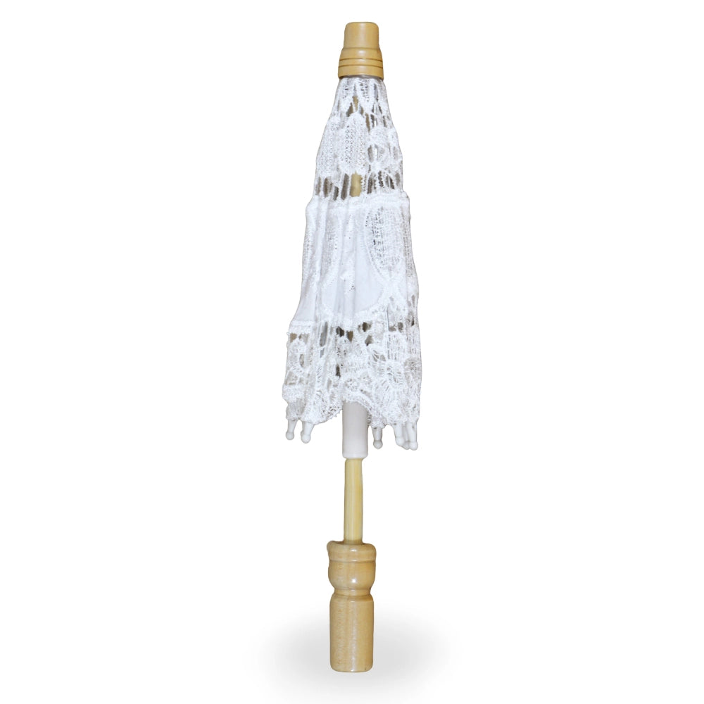 10 Ombrellini Wedding in legno con tessuto ricamato in pizzo bianco 36 x h 32 cm