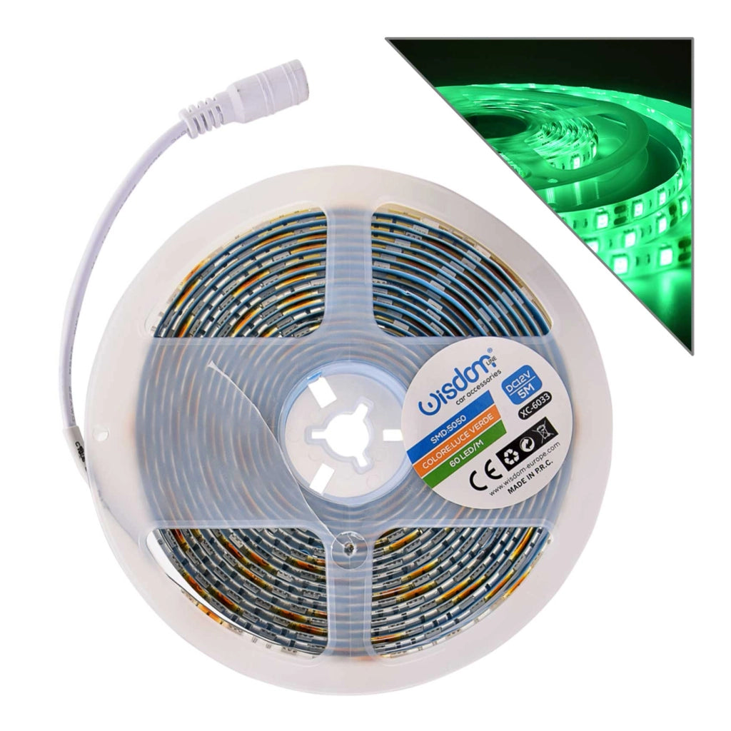 STRISCIA LED 12V VERDE AD ALTA LUMINOSITA' 60 LED/M GRADO DI PROTEZIONE IP65 - IDEALE PER INSTALLAZIONI VERSATILI E FACILE DA APPLICARE CON BIADESIVO 3M