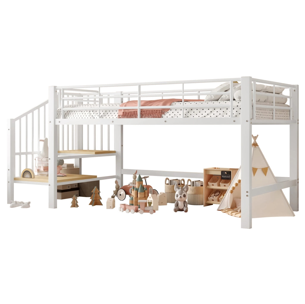 Letto a soppalco 90x200 cm bianco MDF e metallo con scala contenitore