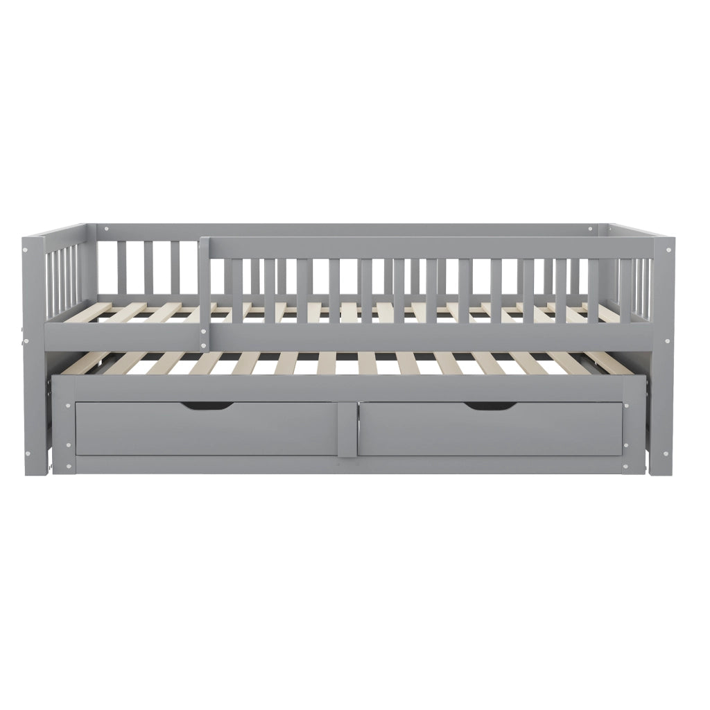 Letto estraibile singolo 90×200 cm con 2 cassetti; rete e barriera di sicurezza; senza materasso; legno; grigio
