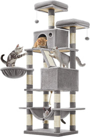 Feandrea Albero per Gatti, Alto 168 cm, Tiragraffi per Gatti con 13 Graffiatoi, 2 Posatoi, 2 Grotte, Cesto, Amaca, Pompon, in Peluche a Più Livelli per Interno, Grigio Chiaro PCT165W01V1