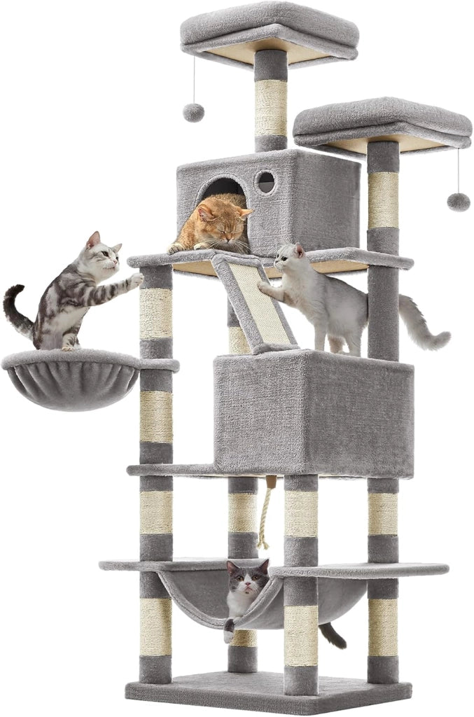 Feandrea Albero per Gatti, Alto 168 cm, Tiragraffi per Gatti con 13 Graffiatoi, 2 Posatoi, 2 Grotte, Cesto, Amaca, Pompon, in Peluche a Più Livelli per Interno, Grigio Chiaro PCT165W01V1