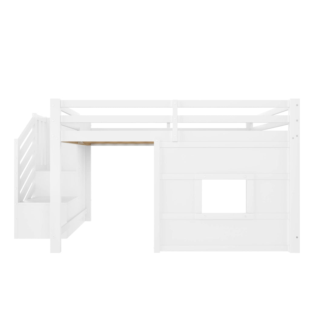 Letto a Soppalco 140x200 cm con Scala Contenitore; Finestra e LED - Bianco