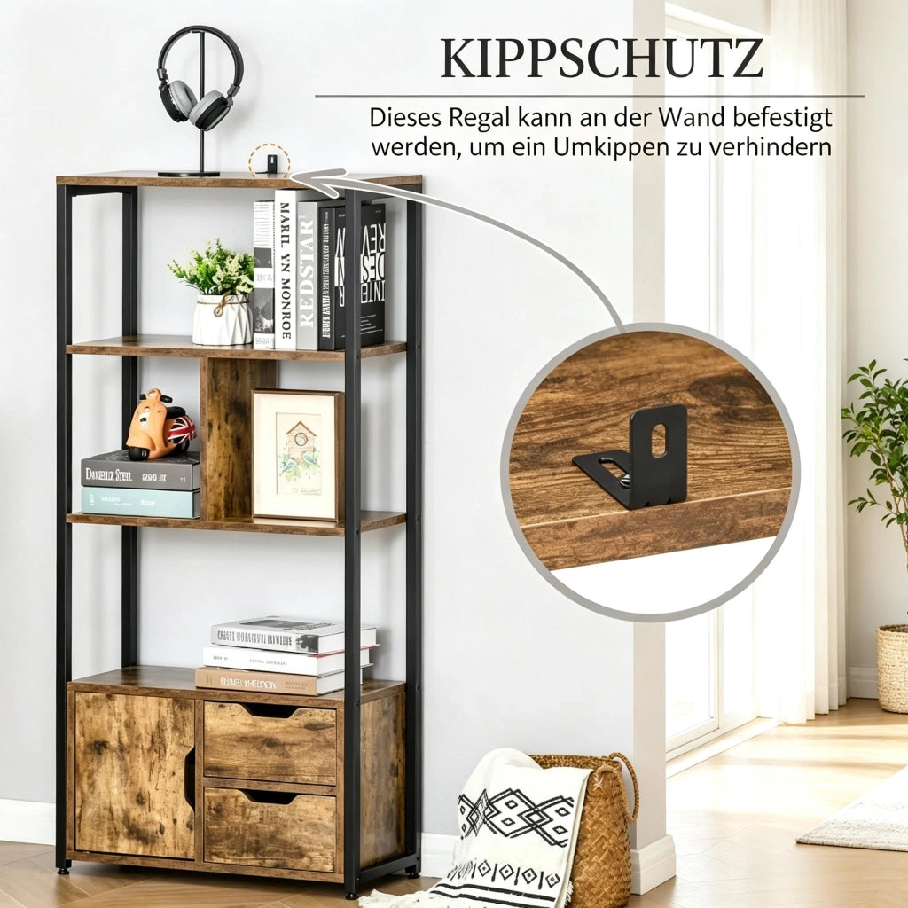 LIBRERIA 58x24x122 cm Nero ed Effetto Legno Antico con Ripiani e Armadietto