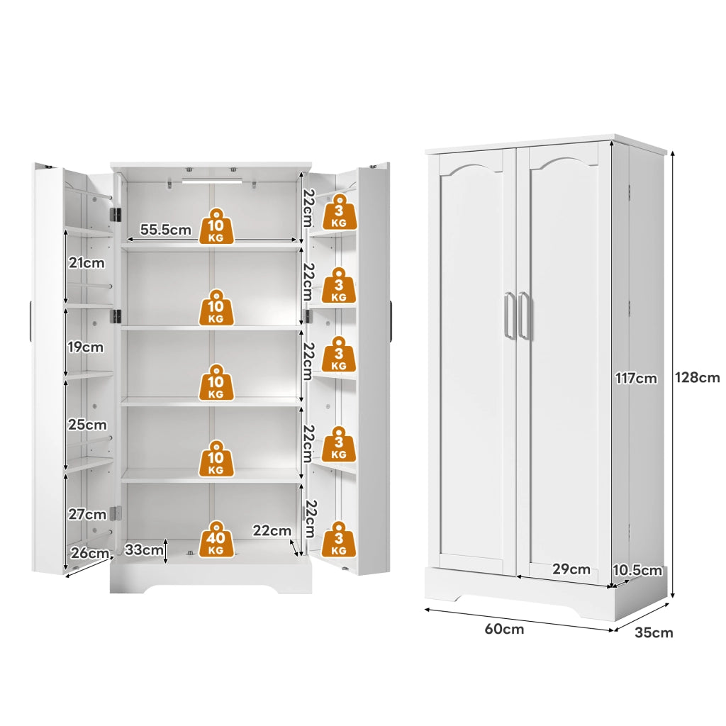 Credenza cucina compatta 60×35×128 cm bianca con luce LED sensore, ripiani regolabili e 1 collo