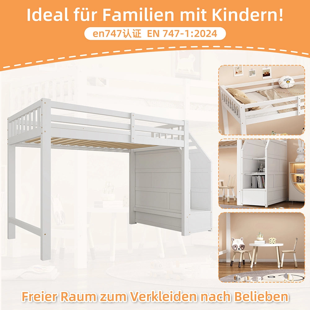 Letto mezzanino 90x200cm - Xylo - bianco, EN747, doghe, spazio vestizione