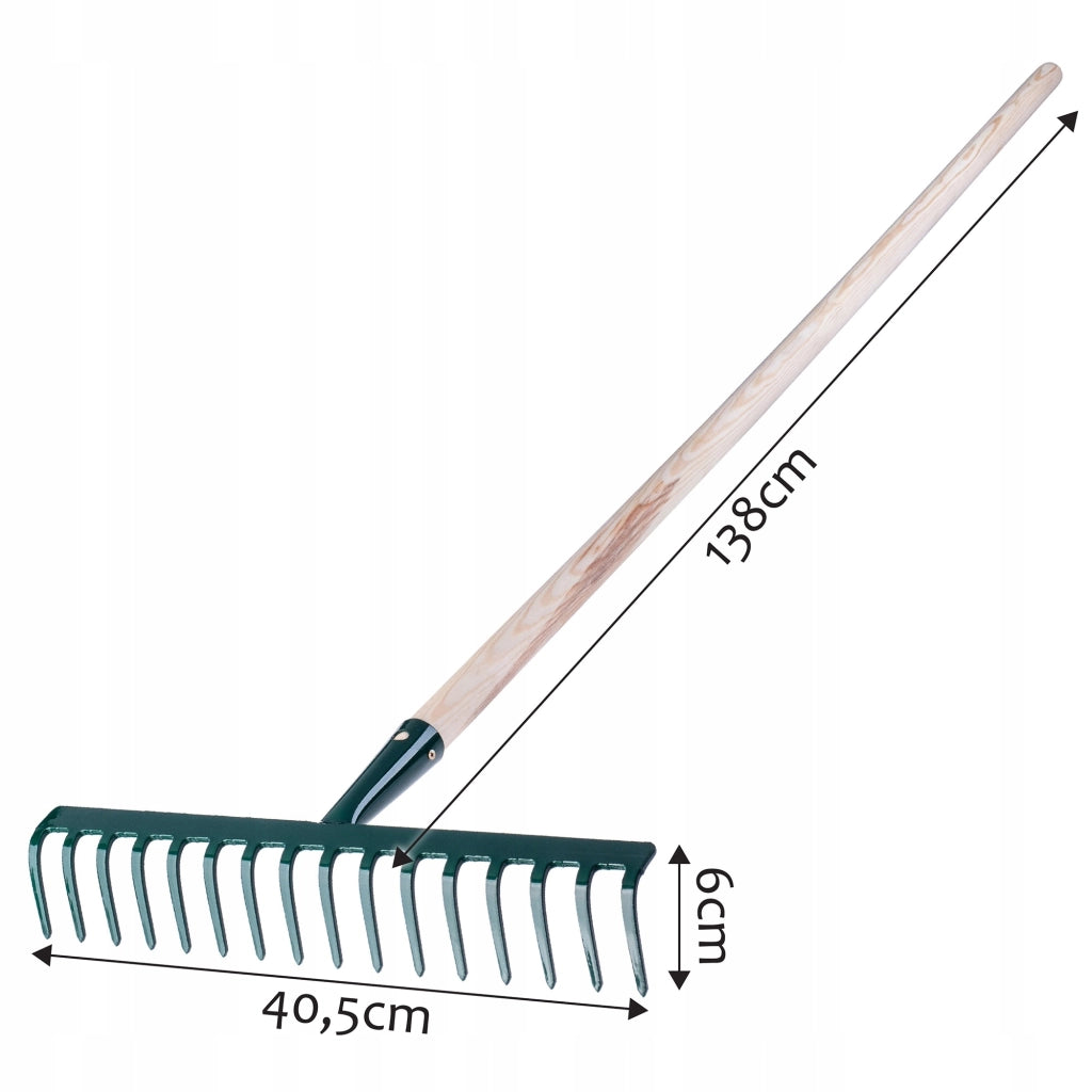 Rastrello per foglie KADAX, per giardino ed erba, con manico in legno, 138 cm, rastrello solido a 16 denti.