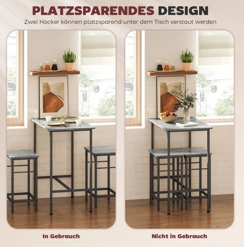 Set tavolo da bar con 2 sgabelli grigio effetto legno