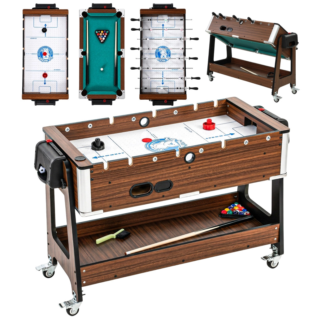Tavolo da Gioco 3 In 1 Air Hockey Biliardo Calcio Balilla 102,5x61,5x65 cm Ruote Bloccabili Ripiano in MDF Effetto Noce