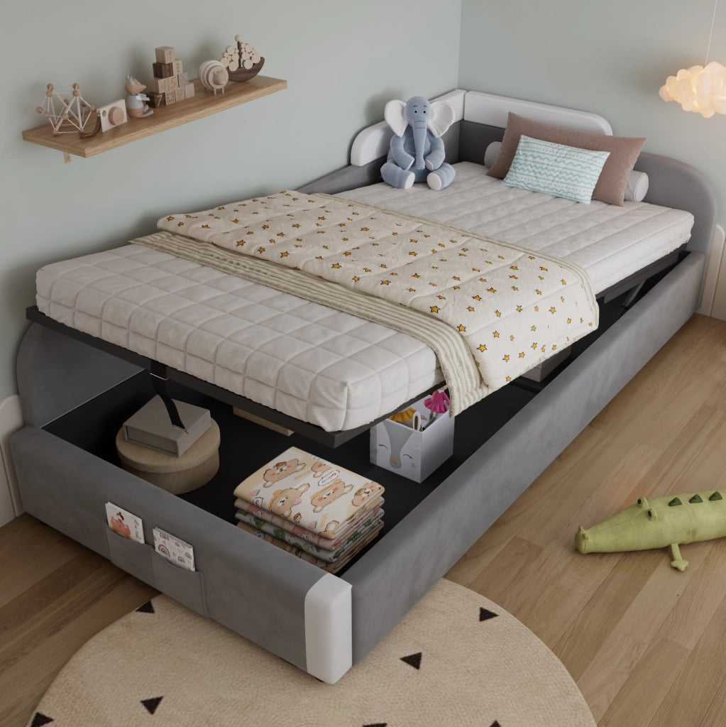 Letto imbottito per bambino con vano contenitore e sponde morbide