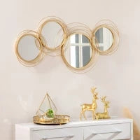 Decorazione Murale 3D in Metallo, Wall Art a Cerchi con Specchi 107x56cm, Oro