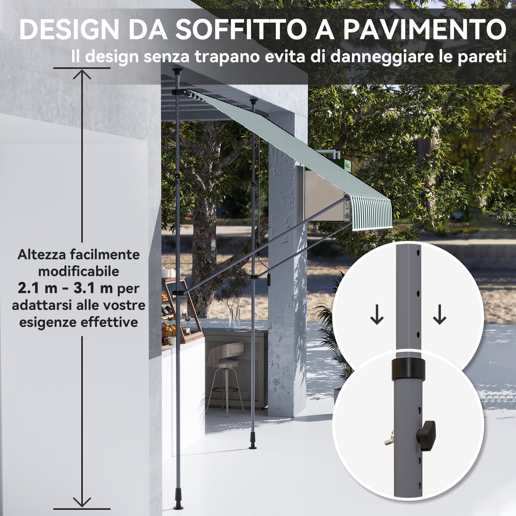 Tenda da Sole a Manovella Autoportante 2x1,2 m in Poliestere Verde e Bianco