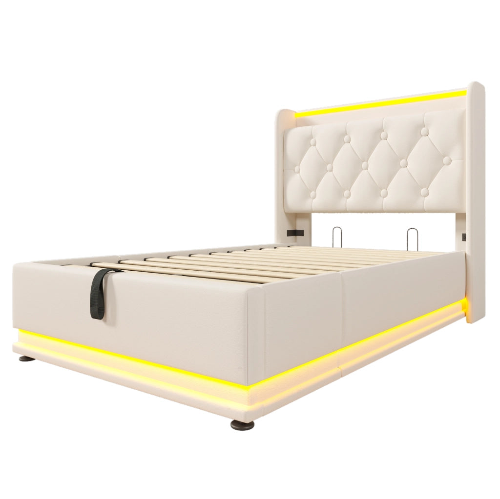 Letto singolo imbottito 90x200 cm in PU bianco con LED; USB e contenitore idraulico