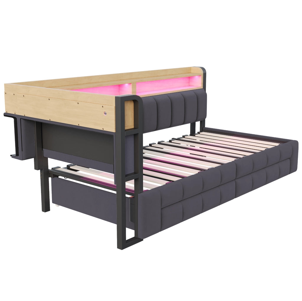 Divano letto estraibile 90/180x200 cm in velluto grigio scuro; con LED; USB; Type-C e contenitori