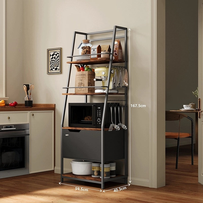 Scaffale da cucina per microonde in rovere rustico, grande e pratico, con ganci in stile loft