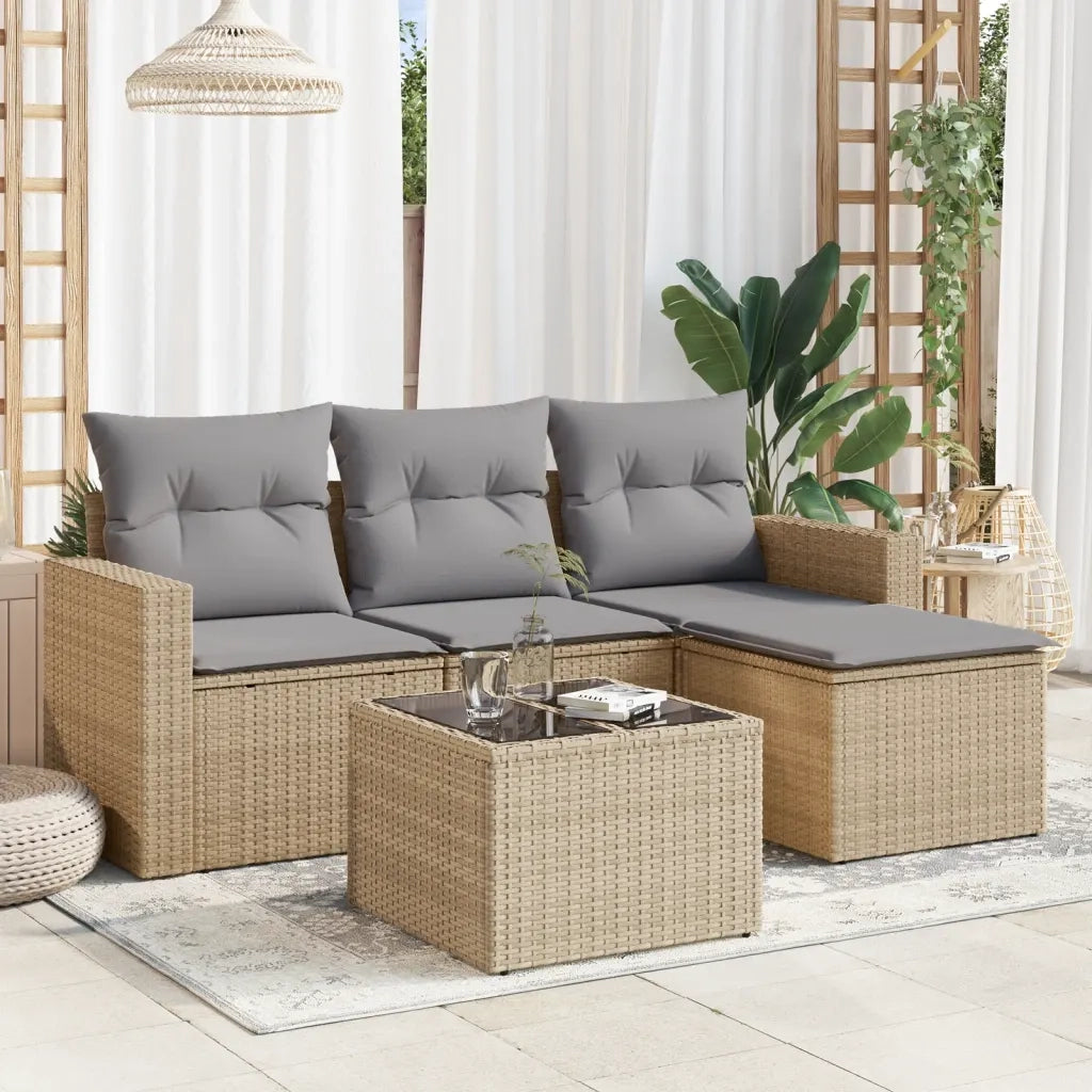 Set Divano da Giardino 5 pz | Set Salotto da Giardino con Cuscini Beige in Polyrattan