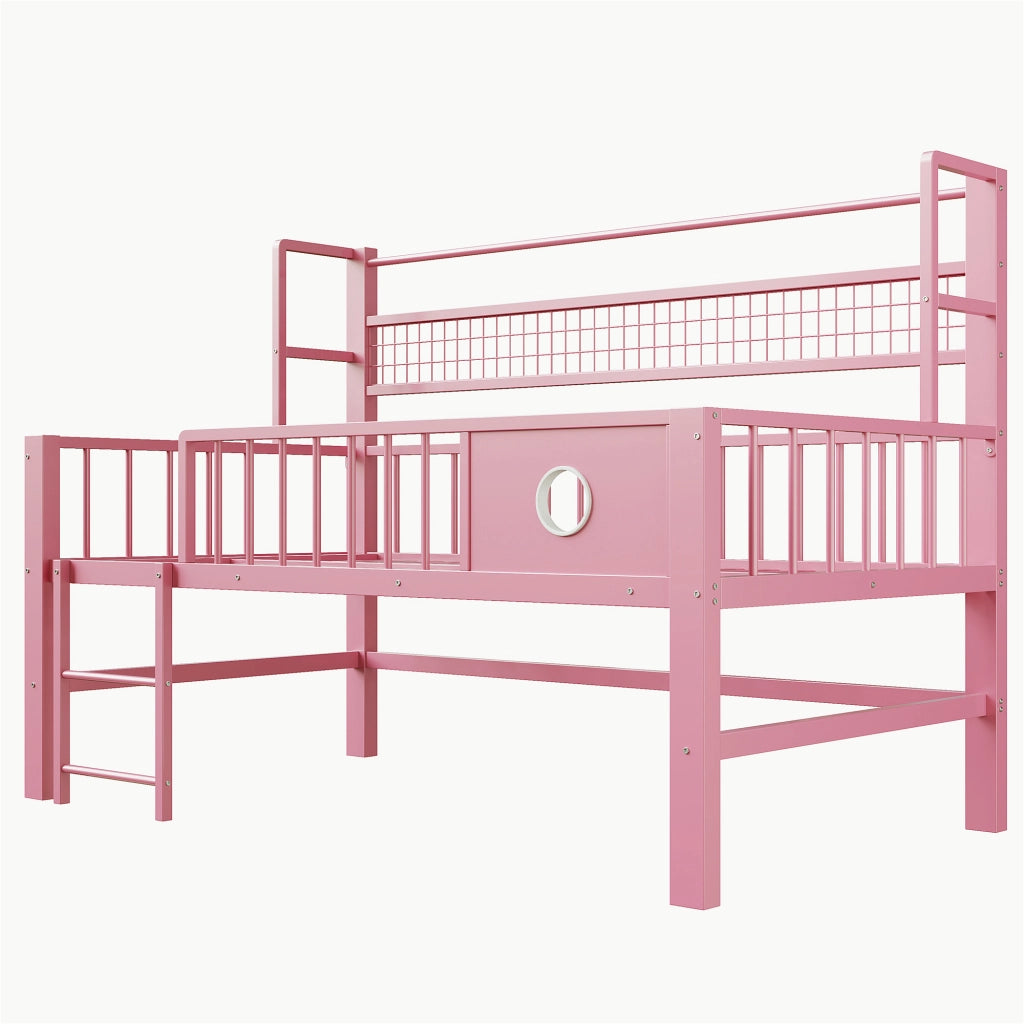 Letto a soppalco basso per bambini 90 × 200 cm con gitter di sicurezza, asta appendiabiti, ripiano a rete, senza materasso, metallo rosa