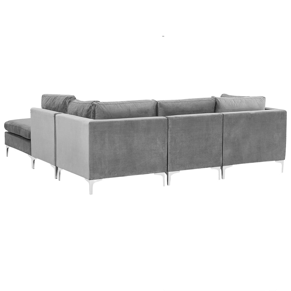 Divano componibile ad angolo versione sinistra a 4 posti in velluto grigio con gambe in metallo argentato a forma di L ottomana Stile glamour