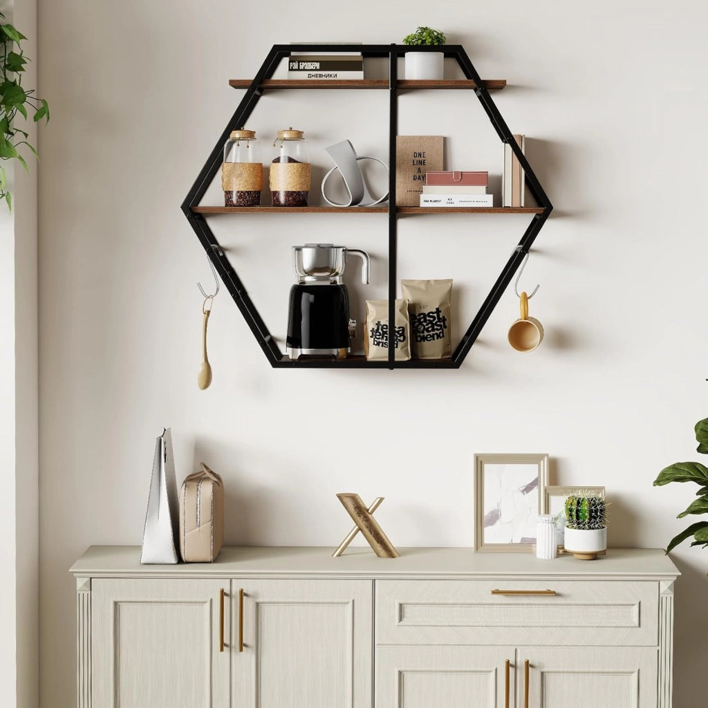 Mensola da Muro, Mensole Esagonali Industriali a 3 Livelli con Ganci e Struttura in Metallo, Mensole Galleggianti per Camera da Letto, Soggiorno e Cucina, 80x18x69,5 cm (Stile 1)