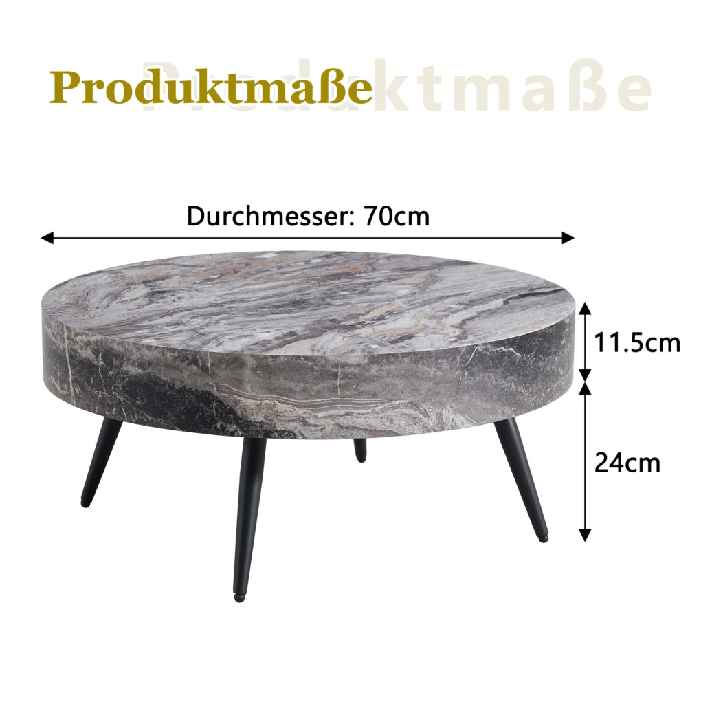 Tavolino da caffè rotondo 70 cm con piedini regolabili in MDF effetto marmo grigio e nero