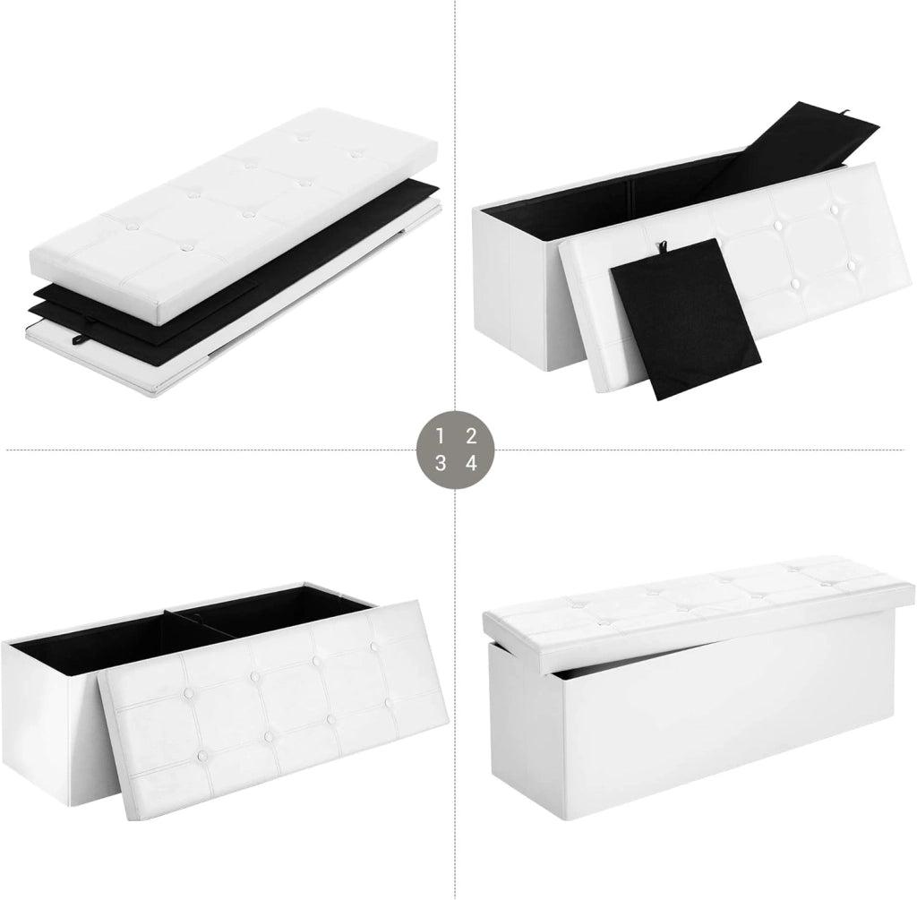 SONGMICS Cassapanca Contenitore 120L, Pouf Contenitore, Panca Poggiapiedi Pieghevole, Capacità di Carico di 300 kg, Seduta Imbottita, Bianco LSF702.