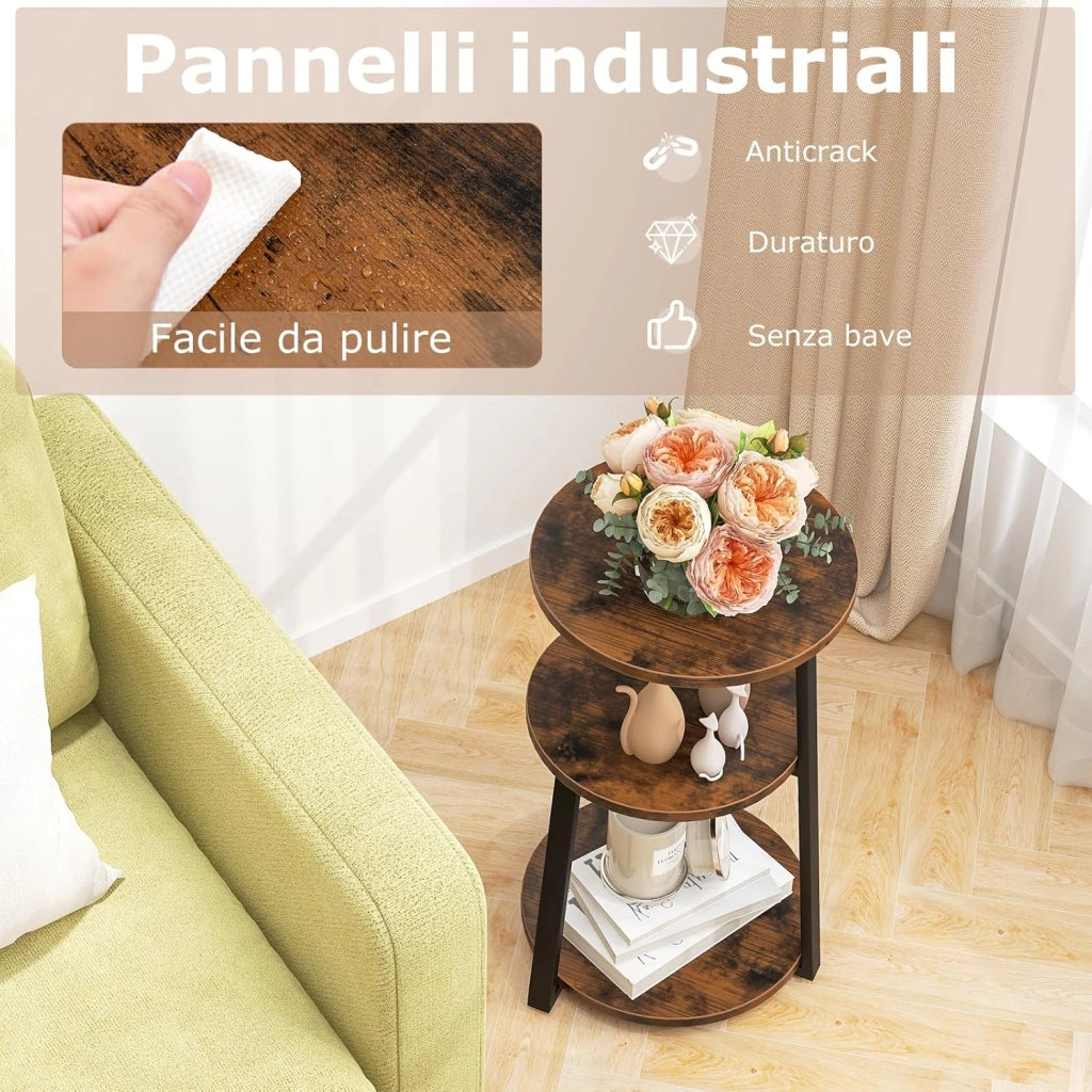 Tavolino Rotondo Industriale a 3 Livelli, Struttura Metallica e Piedini Regolabili, per Piccoli Spazi, Soggiorno e Camera da Letto