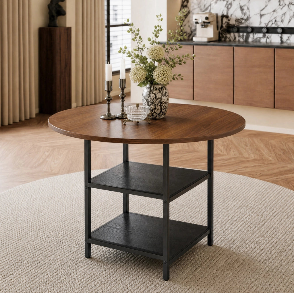 Tavolo da pranzo rotondo 107 cm nero e noce con doppio ripiano
