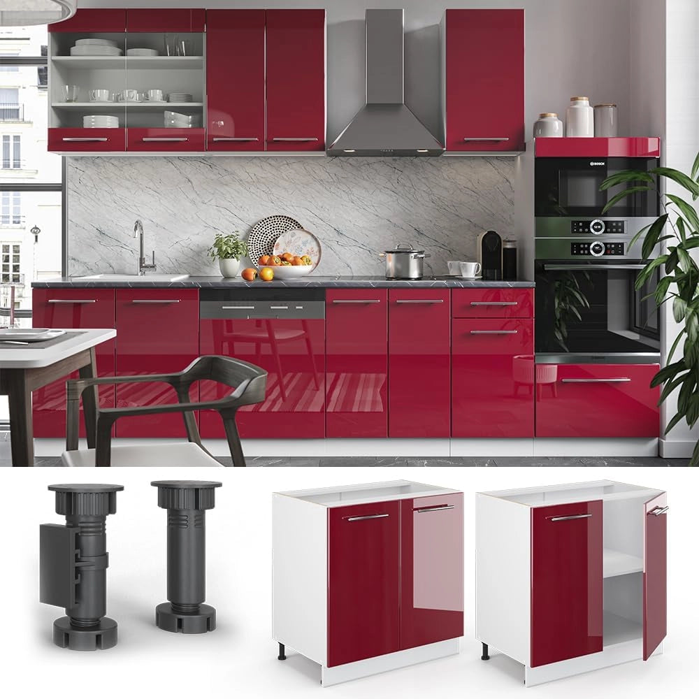 Mobile lavello cucina Fame-Line, Rosso bordeaux lucido, 80 cm con ripiano, PL Antracite, per la combinazione con altri moduli della serie Fame-Line