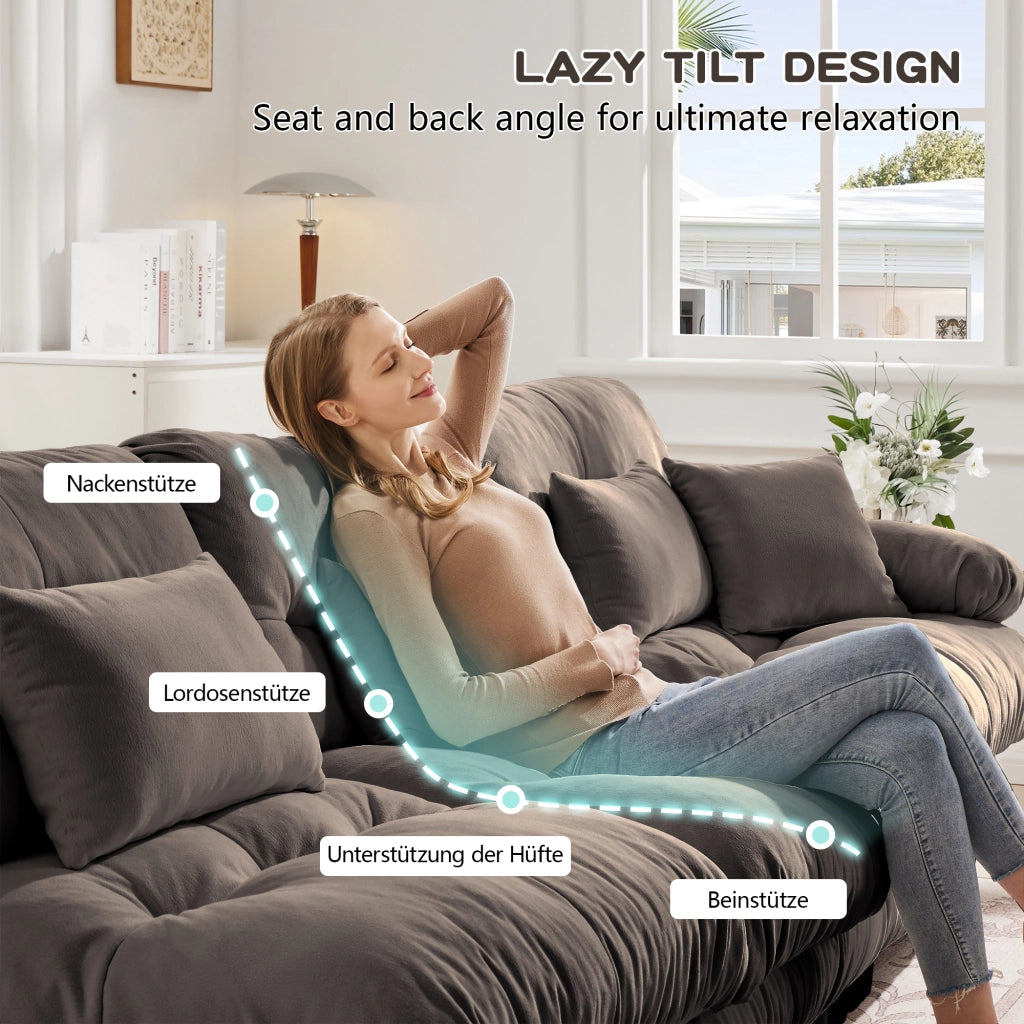 Divano angolare modulare in chenille con pouf seduta profonda schienale ergonomico e cuscini per soggiorno marrone