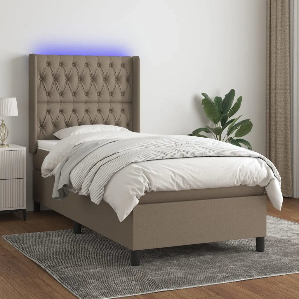 Letto a Molle con Materasso e LED Tortora 100x200cm in Tessuto