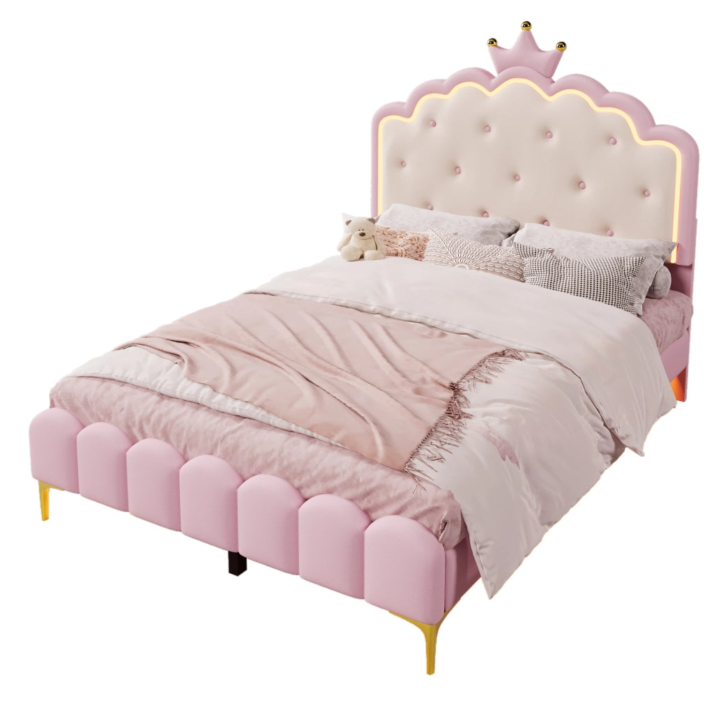 Letto a corona per bambine con LED e app; gambe in metallo; PU rosa; 140x200 cm; senza materasso