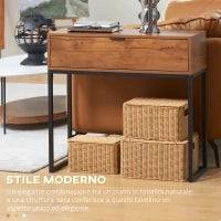 Consolle da Ingresso Minimal con Cassetto, in Legno e Acciaio, 80x30x76 cm, Color Legno e Nero