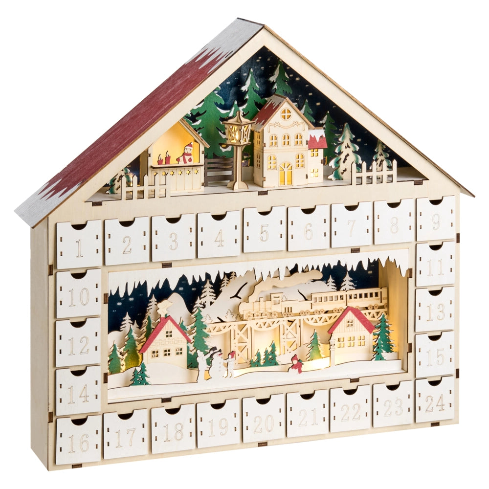 Decorazione natalizia a LED Calendario dell'Avvento in legno a forma di casetta Alimentato a batterie Marrone chiaro
