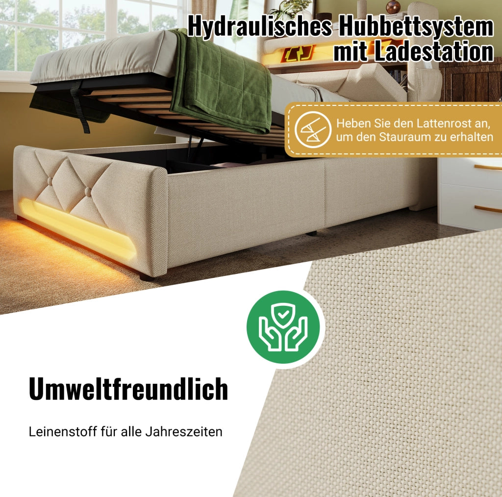 Letto matrimoniale imbottito 140x200 beige con LED, USB-C e materasso