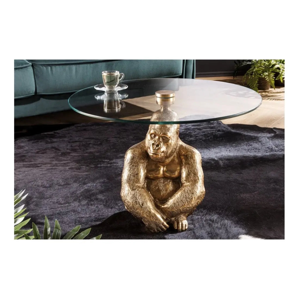 Tavolino basso GORILOX rotondo 60 cm in alluminio dorato e vetro temperato