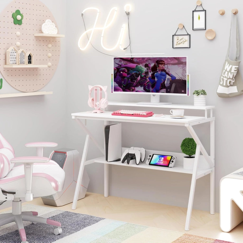 Scrivania per computer con supporto per monitor, mensola portaoggetti e gancio laterale, 100 x 48 x 81,5 cm, tavolo da lavoro moderno per ufficio, camera da letto