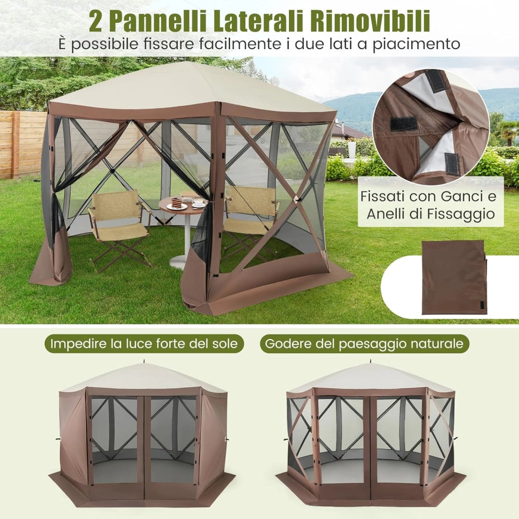 Gazebo da Giardino Pop-Up 3,5 x 3,5 m, Tenda da Giardino a 6 Lati con Tetto Ventilato e Manico, 2 Pareti Rimovibili, Rete a Maglia, Borsa da Trasporto per Patio, Giardino, Campeggio