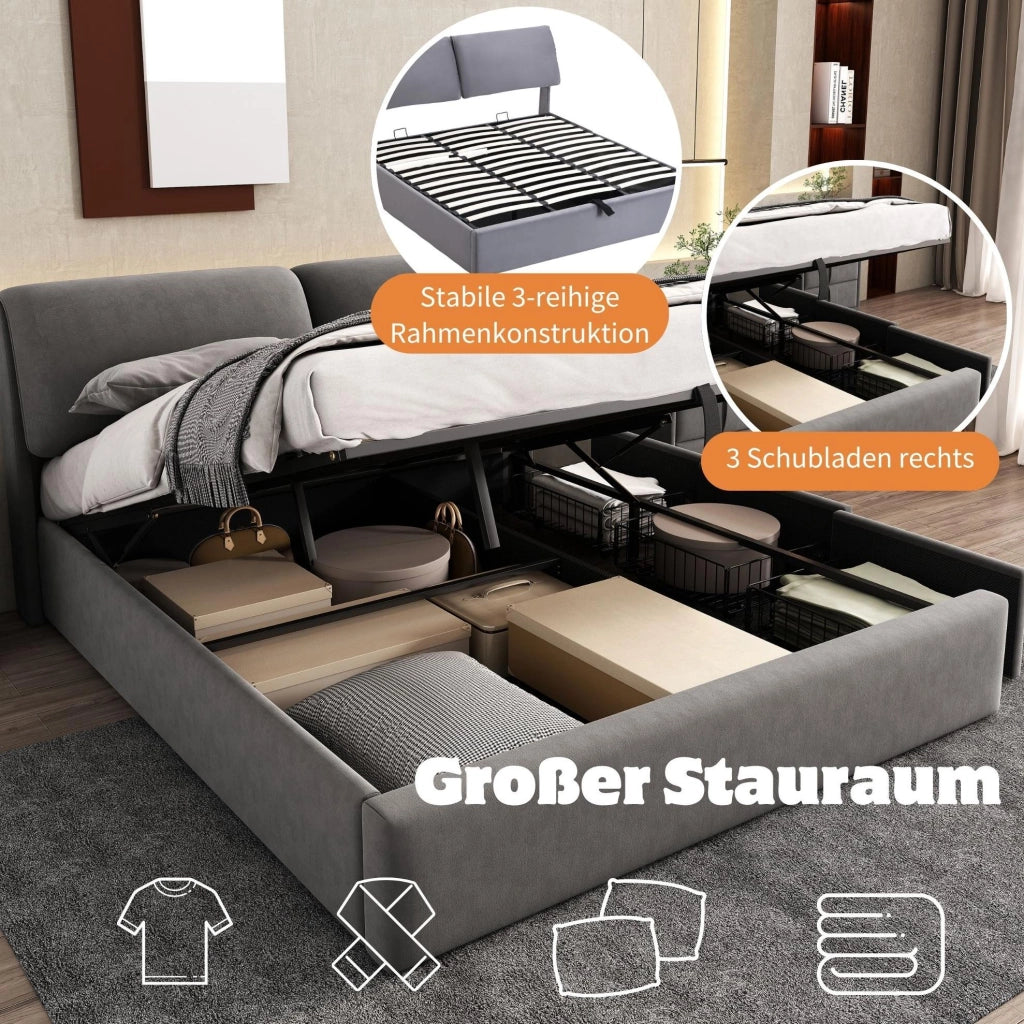 Letto imbottito 180x200 cm in velluto grigio con contenitore