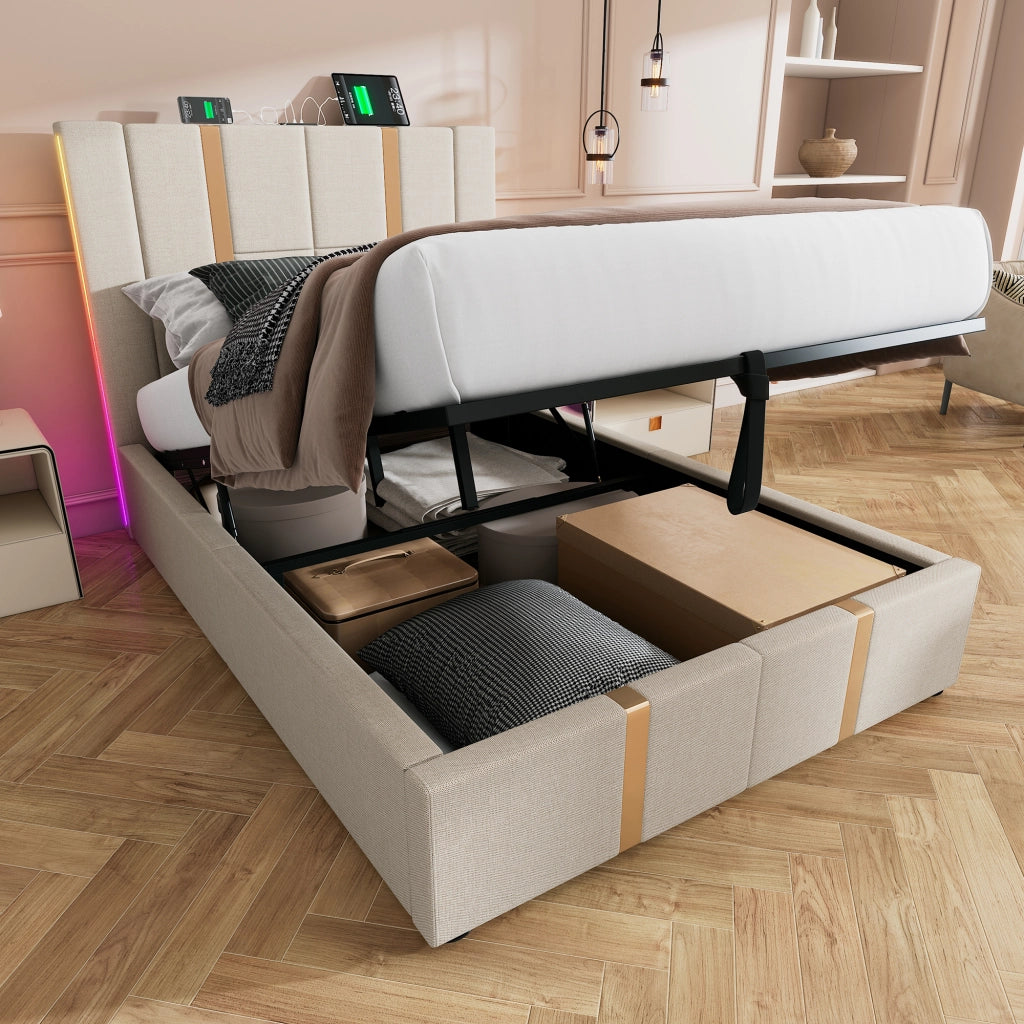 LETTO Contenitore 90x200 cm Beige in lino con LED e ricarica USB Type C