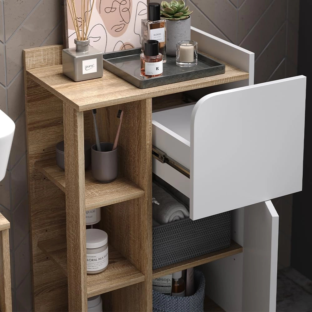 Set di mobili da bagno Karen, Sonoma/Bianco, 60 cm, composto da mobile sottolavabo, specchiera e mobile medio