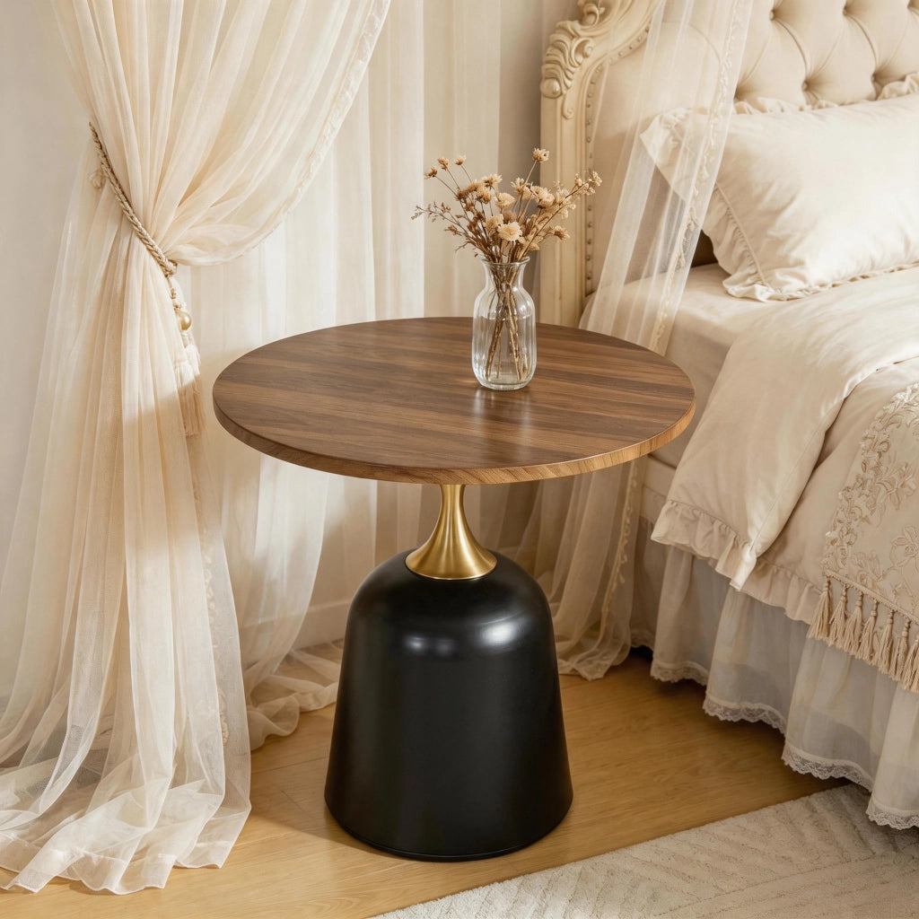Tavolino rotondo con piano in melamina e base stabile; stile nordico; noce e nero; 70 × 69 × 40 cm