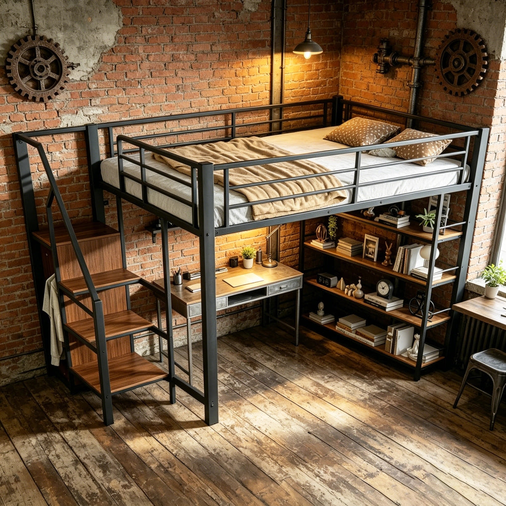 Hochbett 140x200 in metallo con scala contenitore, armadietto e mensole, nero