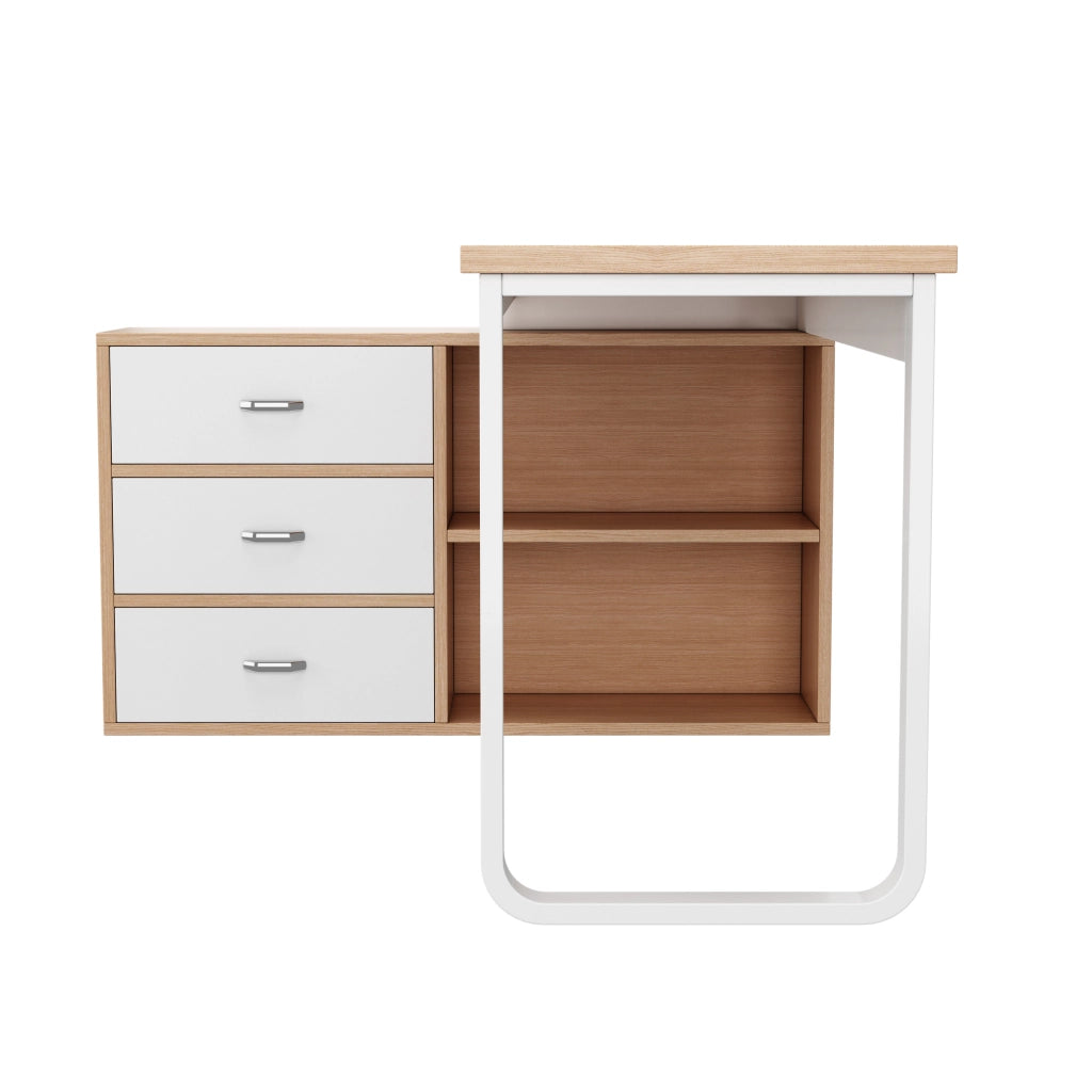Scrivania lineare con 3 cassetti e 2 vani aperti, struttura in MDF e metallo, finitura naturale e bianco per ufficio