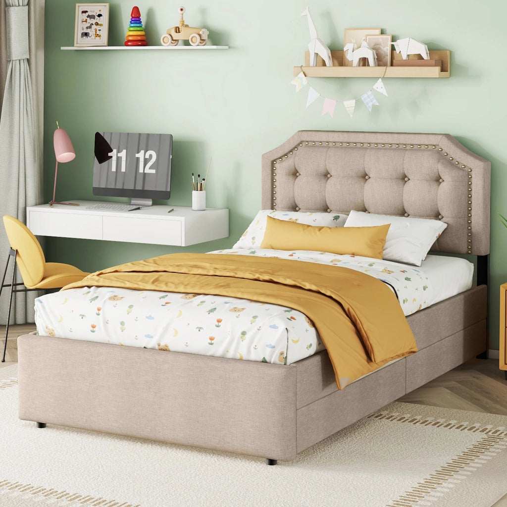 OKWISH Letto Singolo 90×200 cm con 2 Cassetti, Testiera Regolabile e Borchie Decorative, senza Materasso, in MDF, Beige