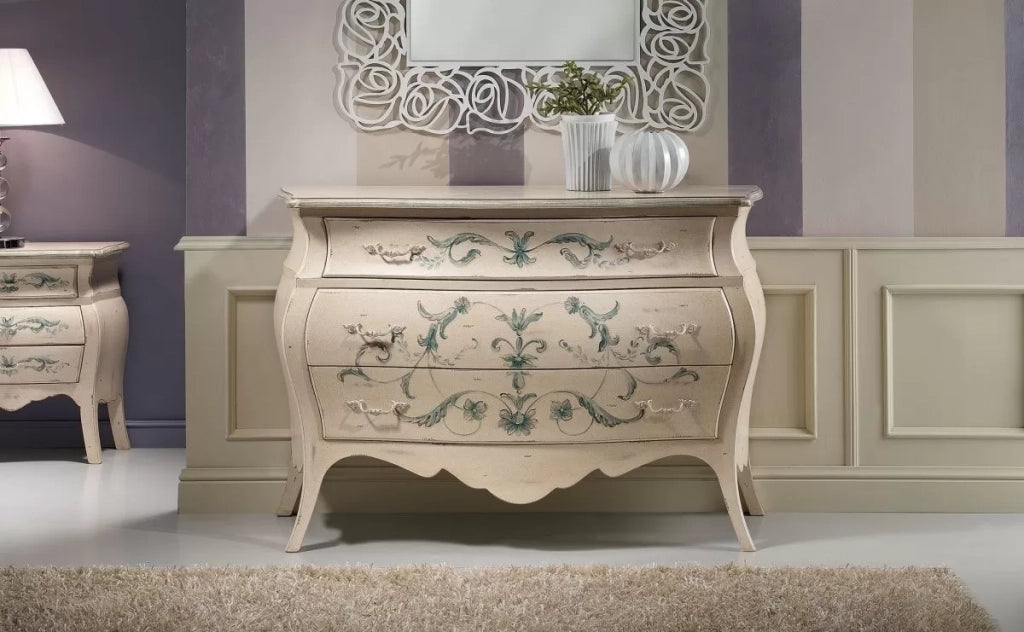 Gruppo 1 comò 2 comodini bombato shabby legno avorio decori floreali (1369) (1368) - Mobili 2G
