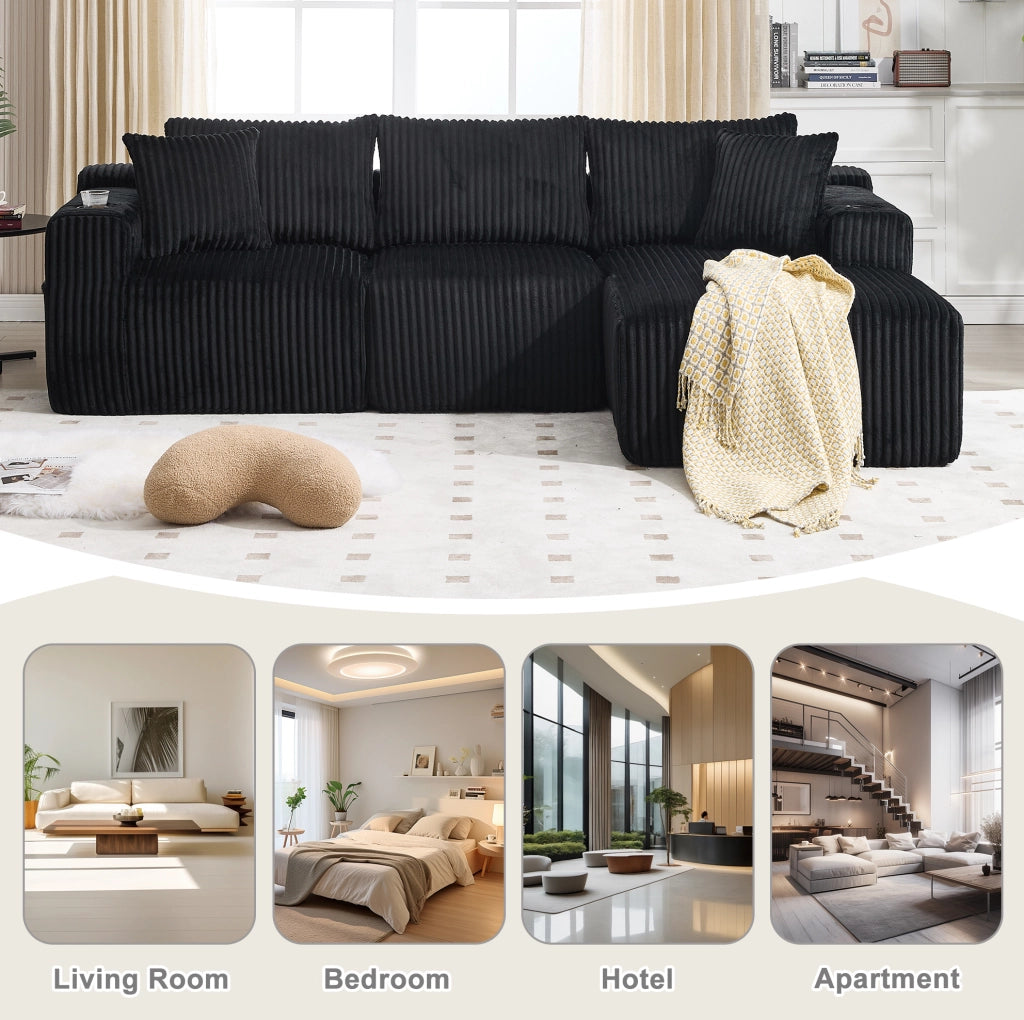 Divano modulare con chaise longue e 2 posti in corduroy nero; 257x160x62 cm
