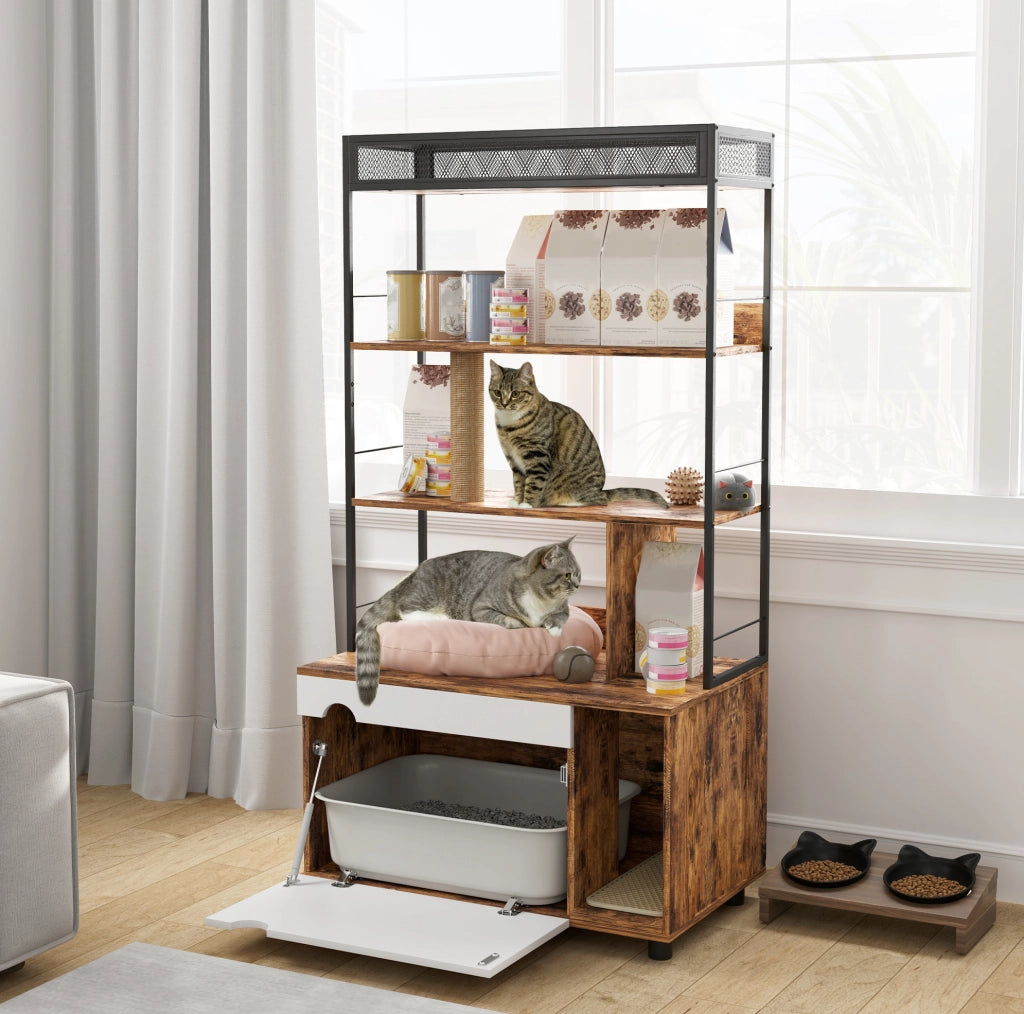 Mobile per lettiera per gatti ULEVR 80x48x152 cm con scaffale a 3 livelli e tiragraffi, marrone