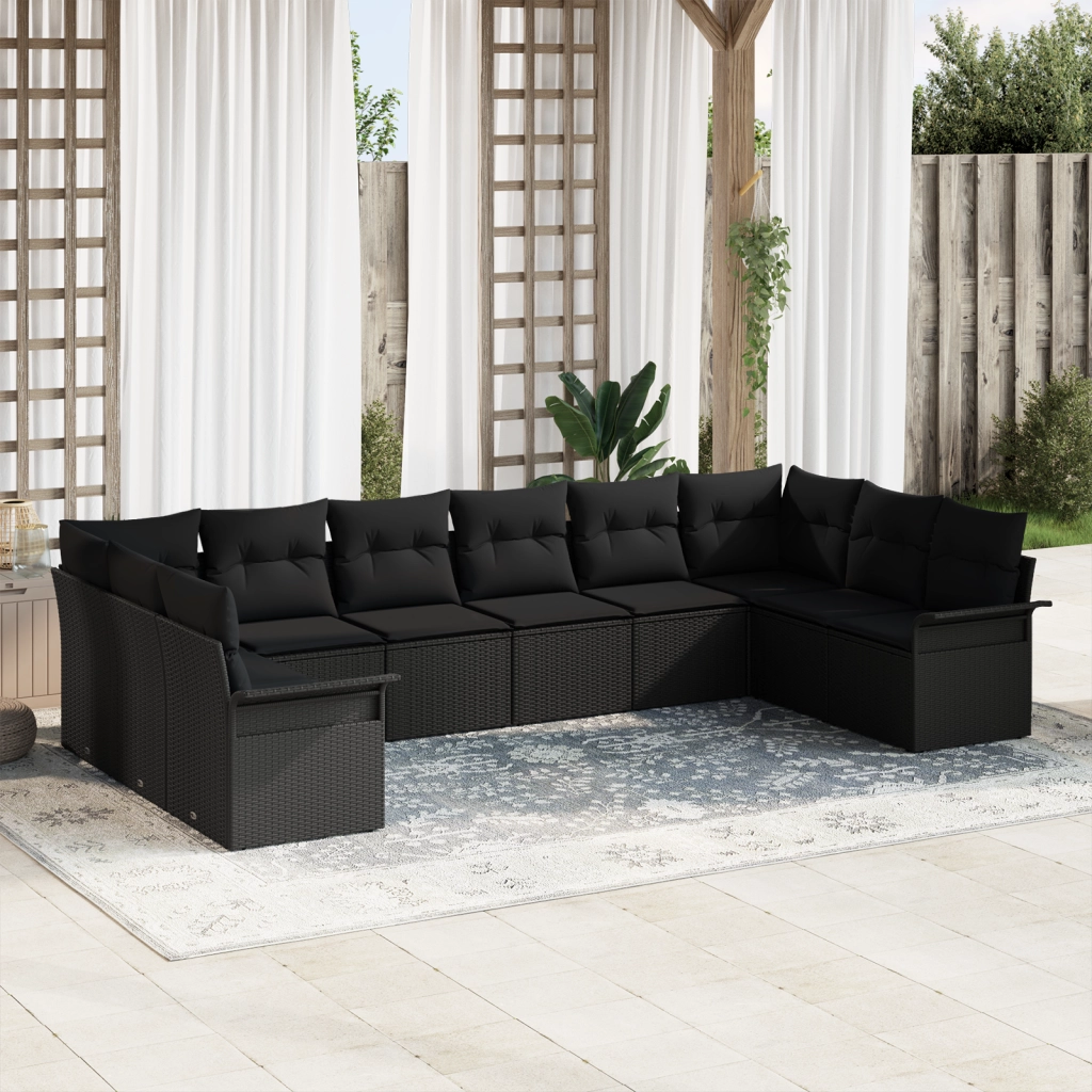 Set Divano da Giardino con Cuscini Nero Polyrattan