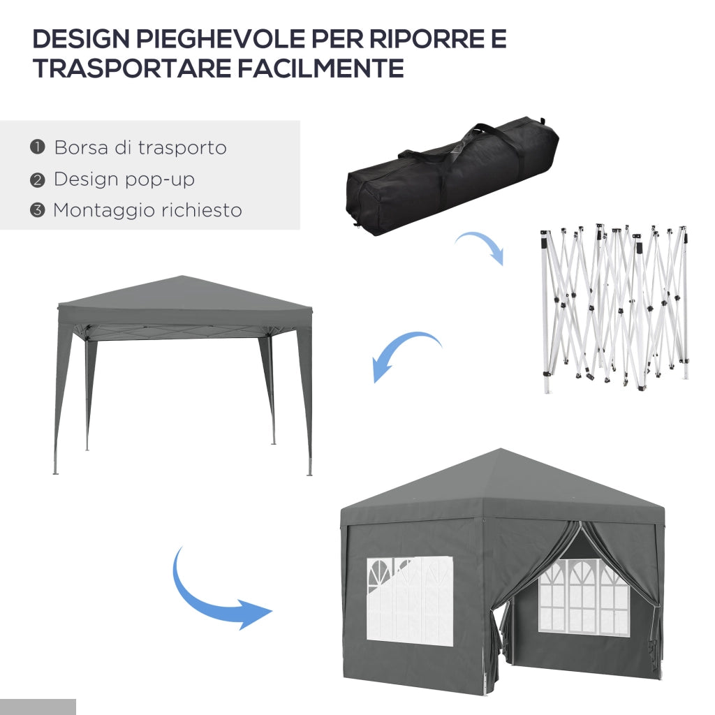Gazebo da Giardino Pieghevole 4 Pannelli Laterali ¨C Zephmum ¨C Grigio Acciaio 3x3 m
