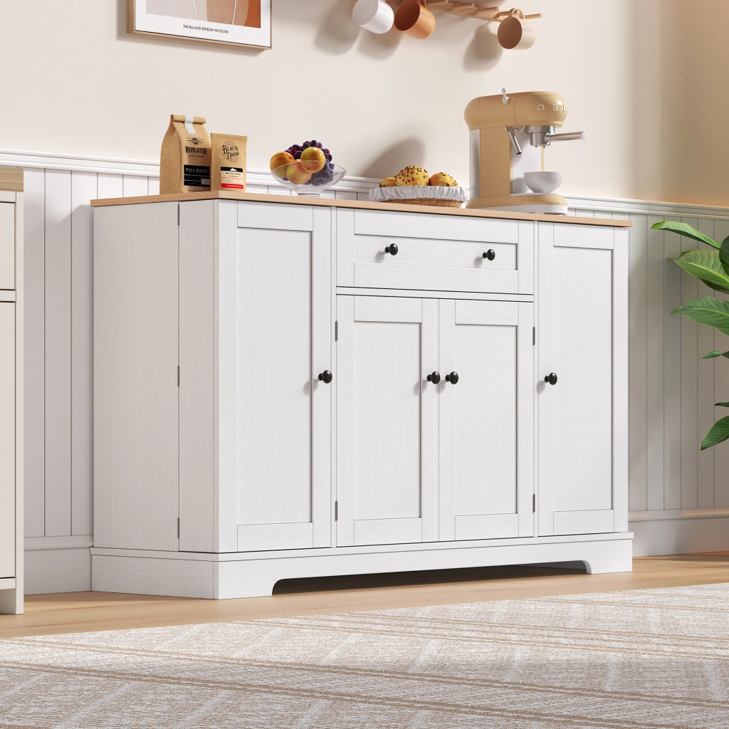 Credenza moderna 138 cm con cassetto, ante e ripiani regolabili, MDF Natural/Bianco